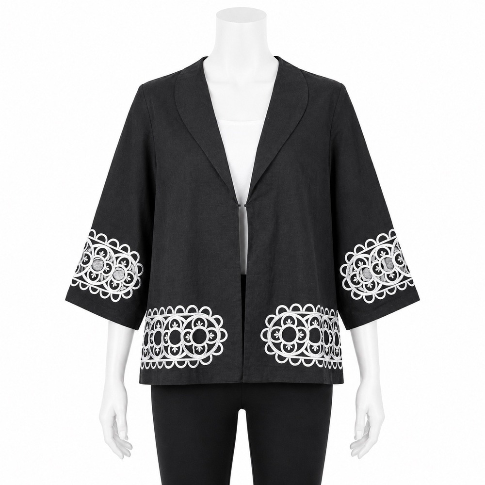 Bob Mackie Wearable Art Jacket Size Medium Black Linen Blend Embroidered Eyelet